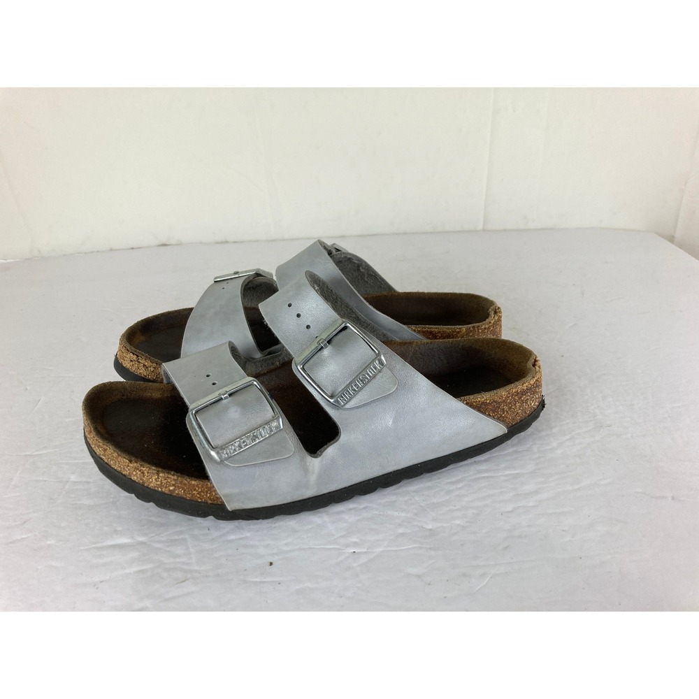 Birkenstock Arizona Sandals Womens 6 37 Silver Leather Double Strap Comfort Boho - Picture 4 of 8